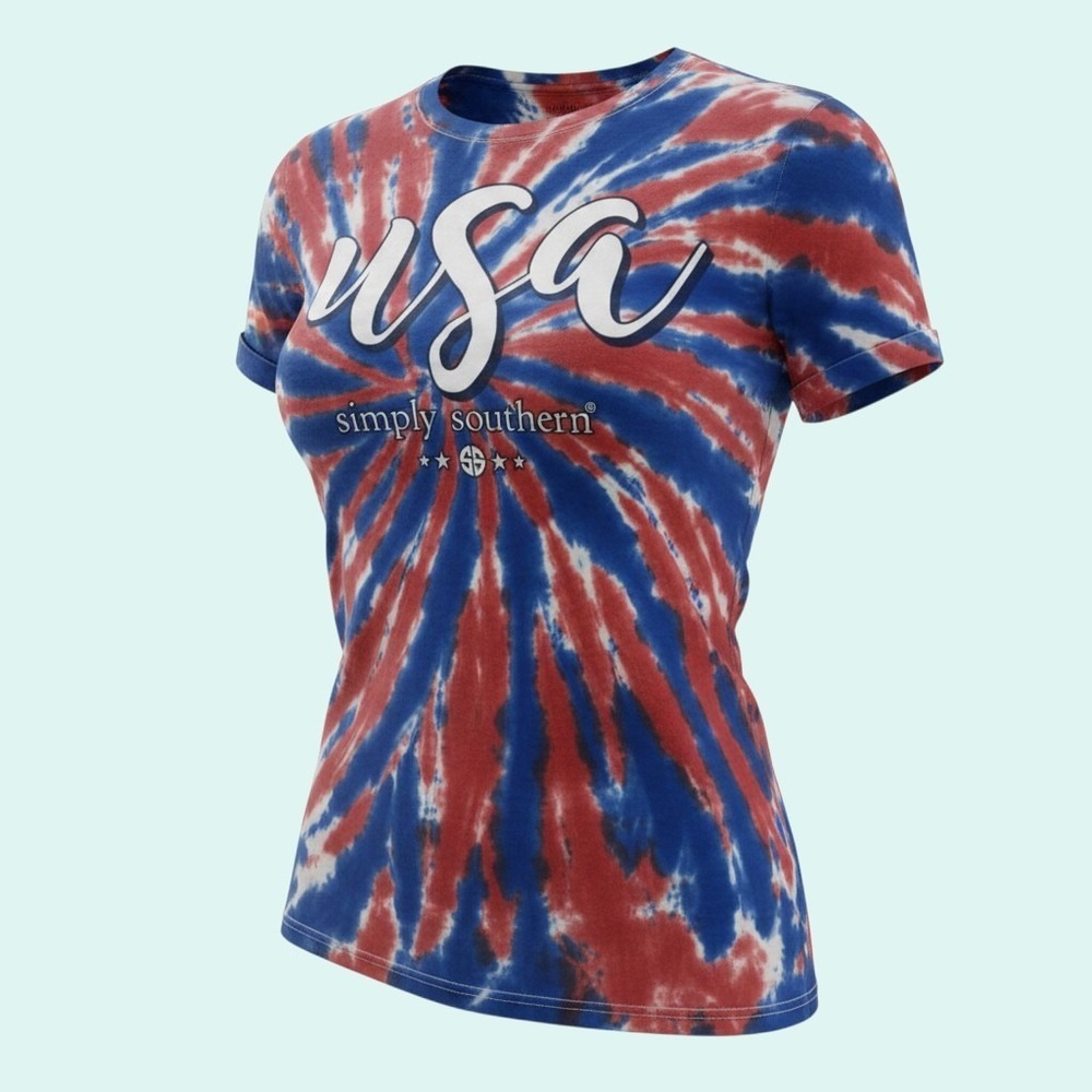 Simply Southern USA Patriotic Tie-Dye T-Shirt Women's Red Blue White Graphic Tee